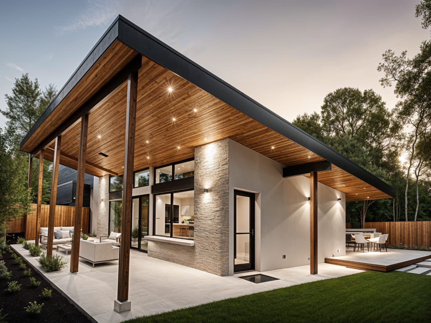 Black steel ADU with covered wood porch in wooded setting