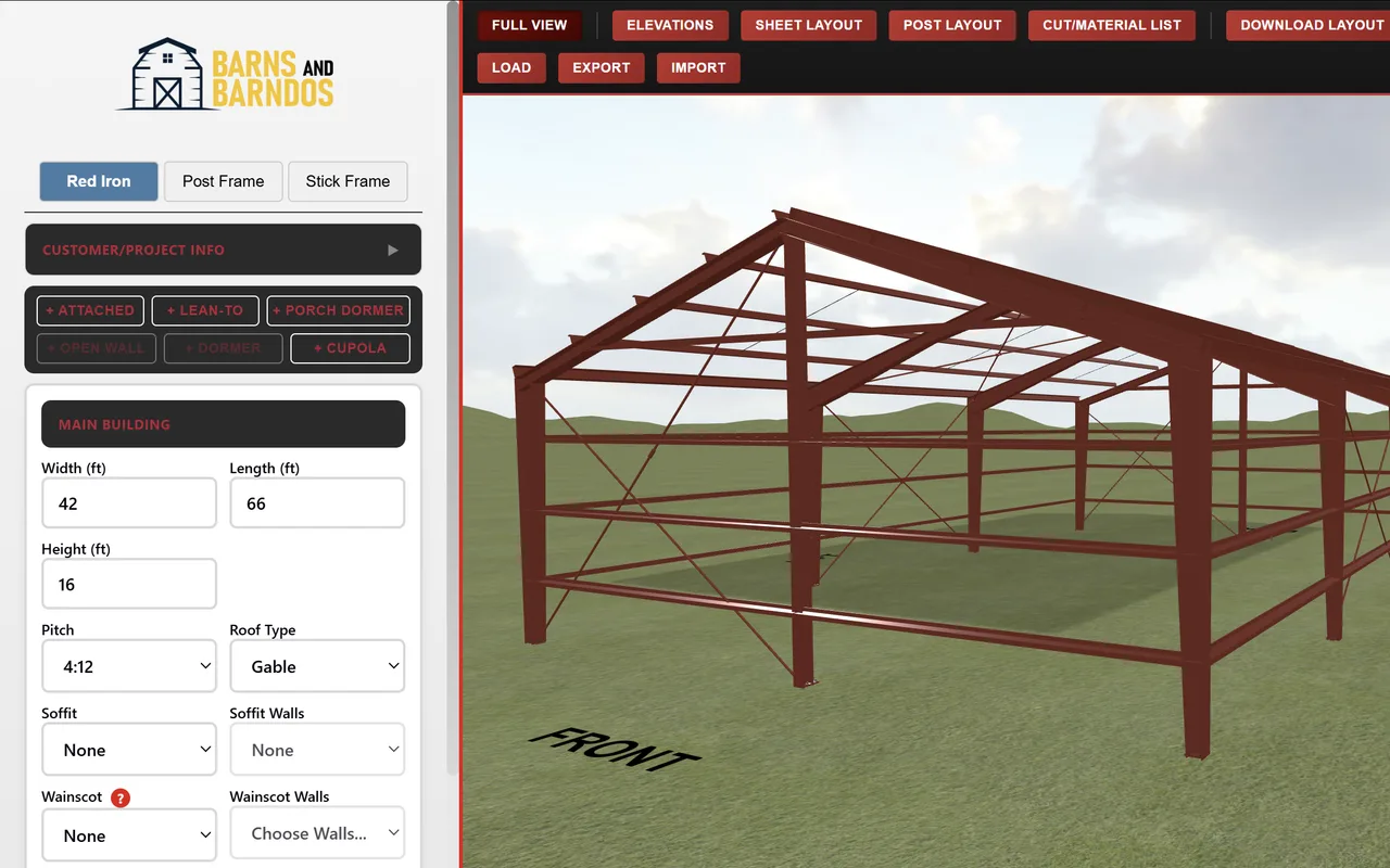 The red iron 3D designer showing a structural steel building frame