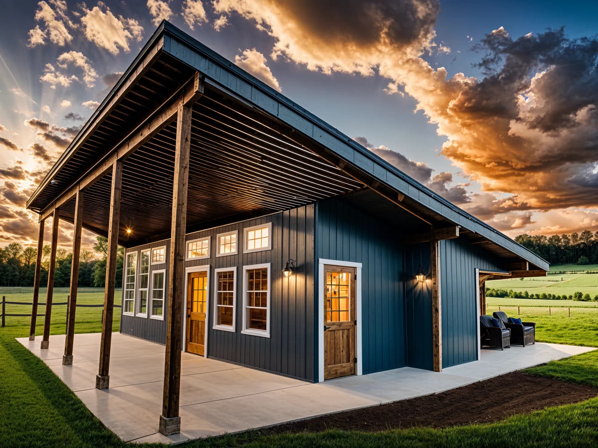 Blue steel ADU with covered porch at sunset