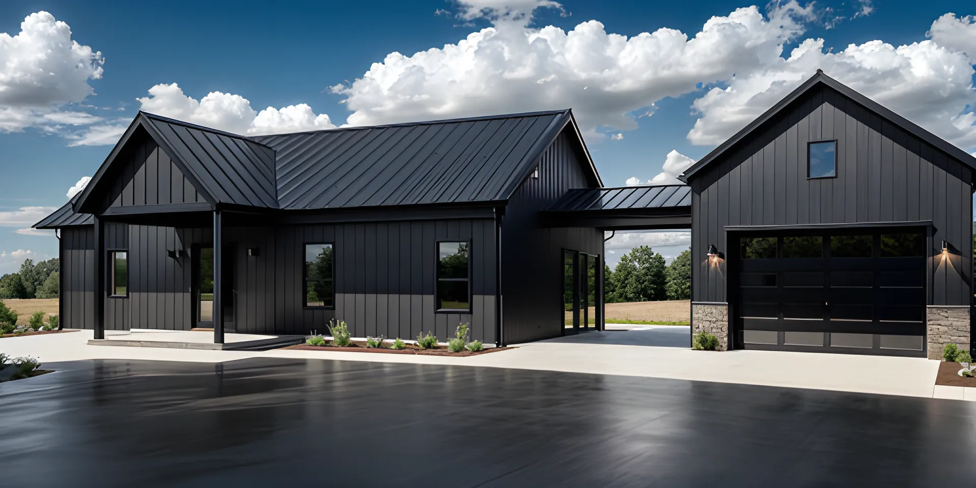 Dark steel barndominium ADU with attached garage