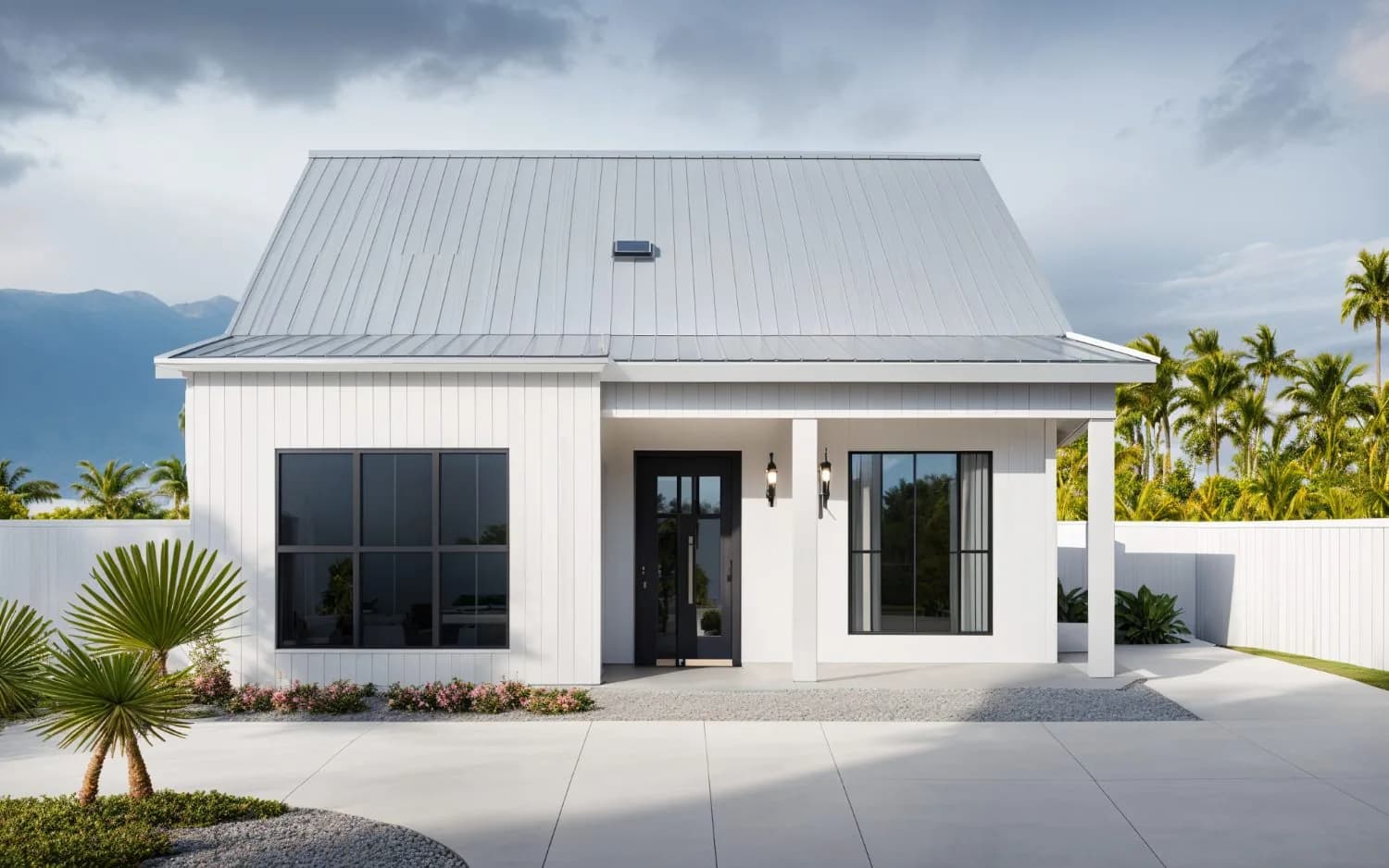 White cottage-style ADU with metal roof and tropical landscaping