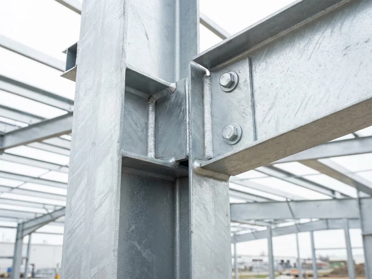 Galvanized steel I-beam frame close-up showing quality welded connections