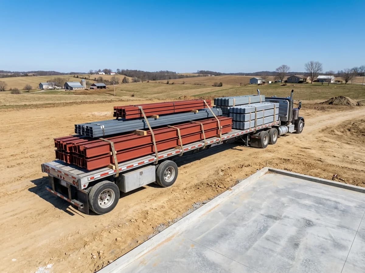 Steel building kit delivery to job site