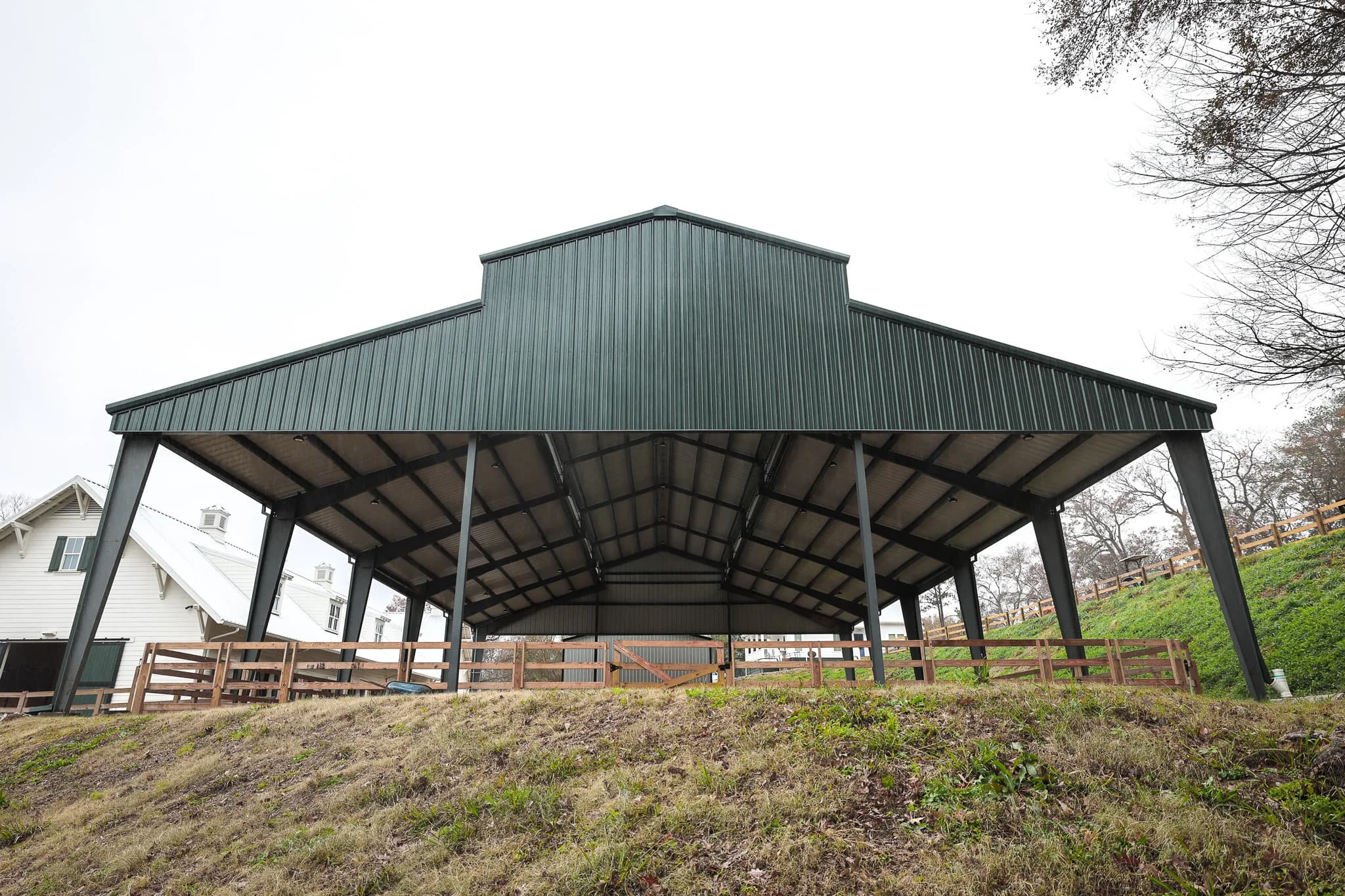 Open-air steel covered arena from low angle