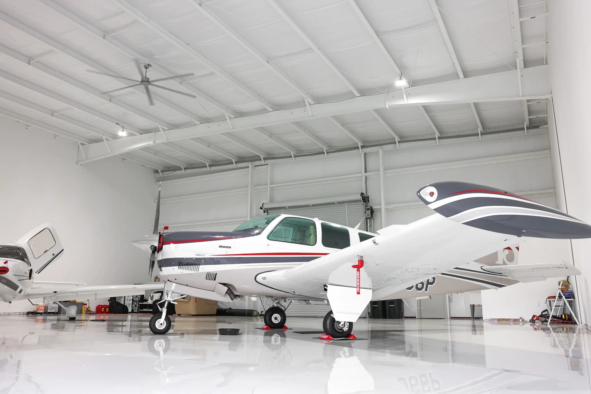Beechcraft Bonanza inside climate-controlled steel hangar