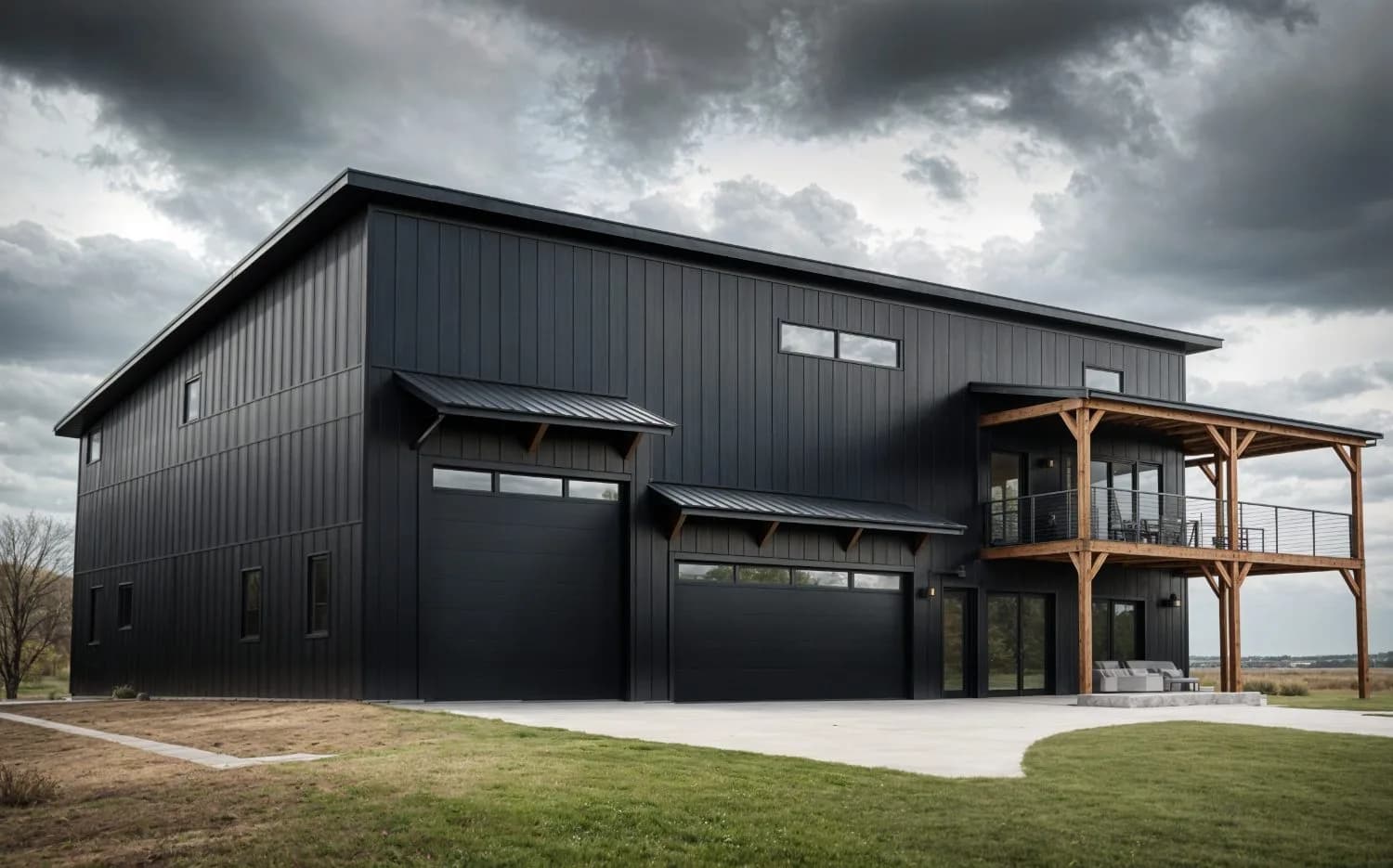 Black steel barndominium with wood timber accents
