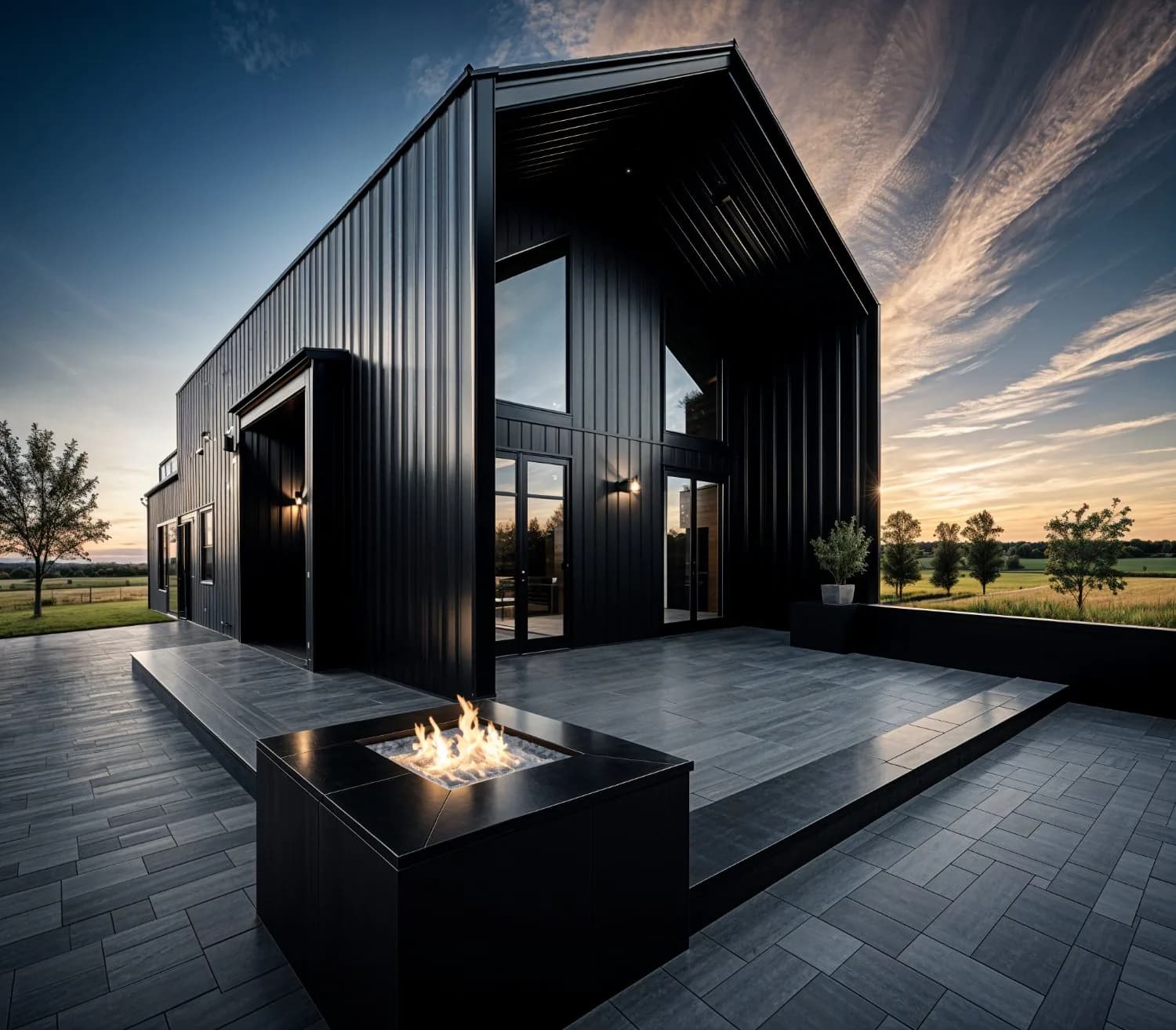 Modern dark-clad barndominium exterior