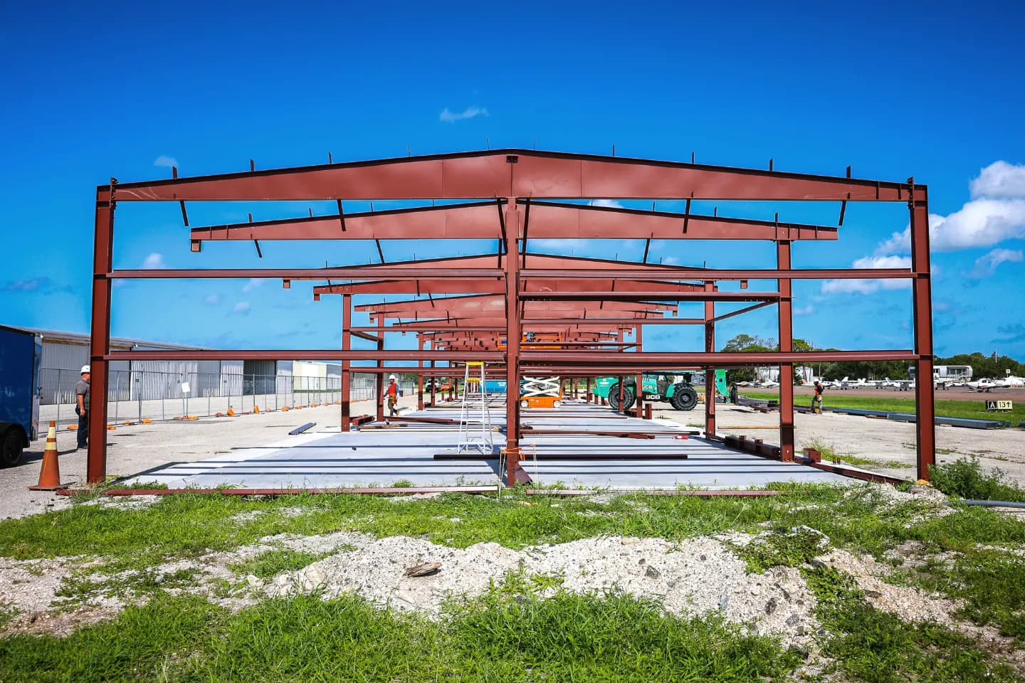 Complete red iron frame ready for exterior panel installation