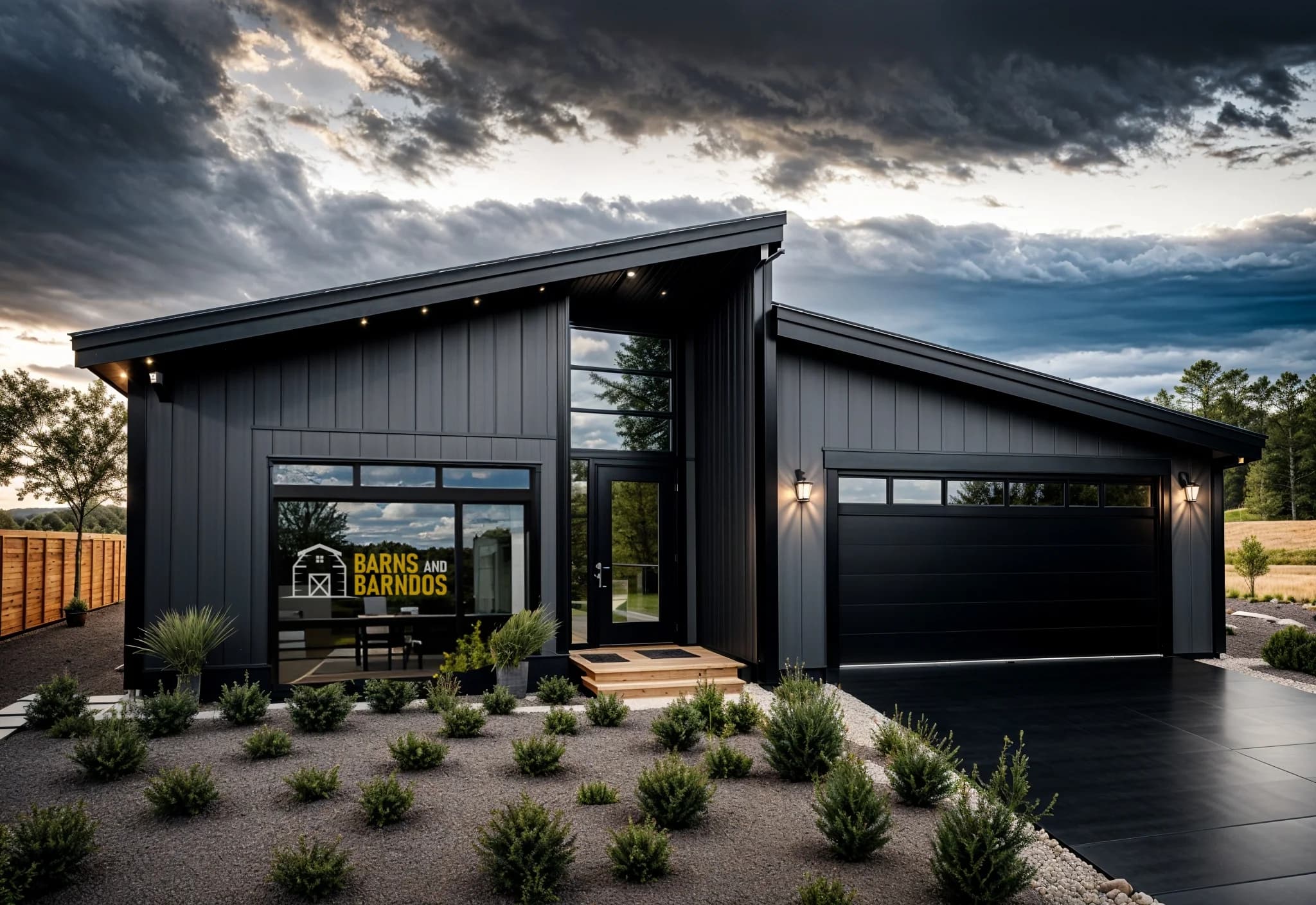 Modern dark barndominium with sleek design and garage