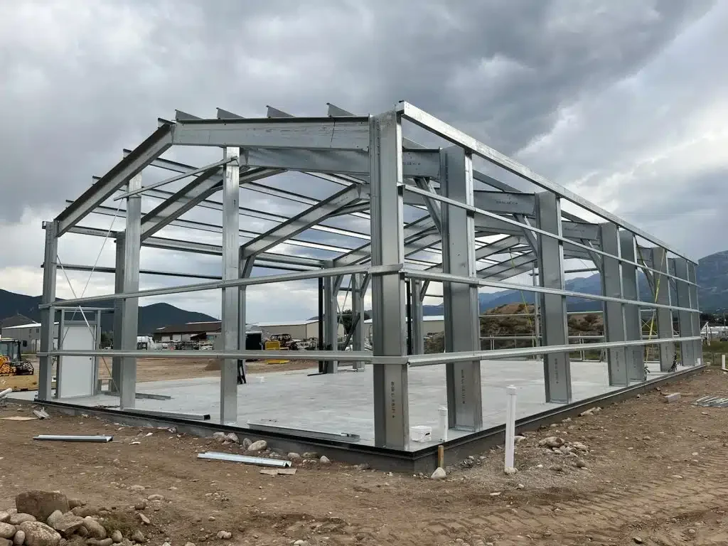 Cold-formed steel building frame under construction
