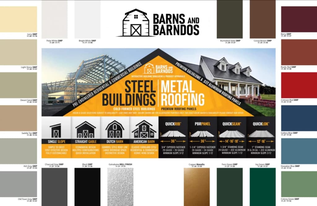Steel building panel color chart showing available exterior color options