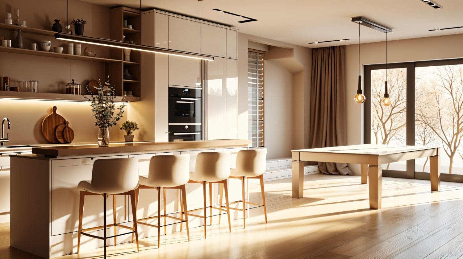 Barndominium master bedroom with vaulted ceiling and exposed steel trusses