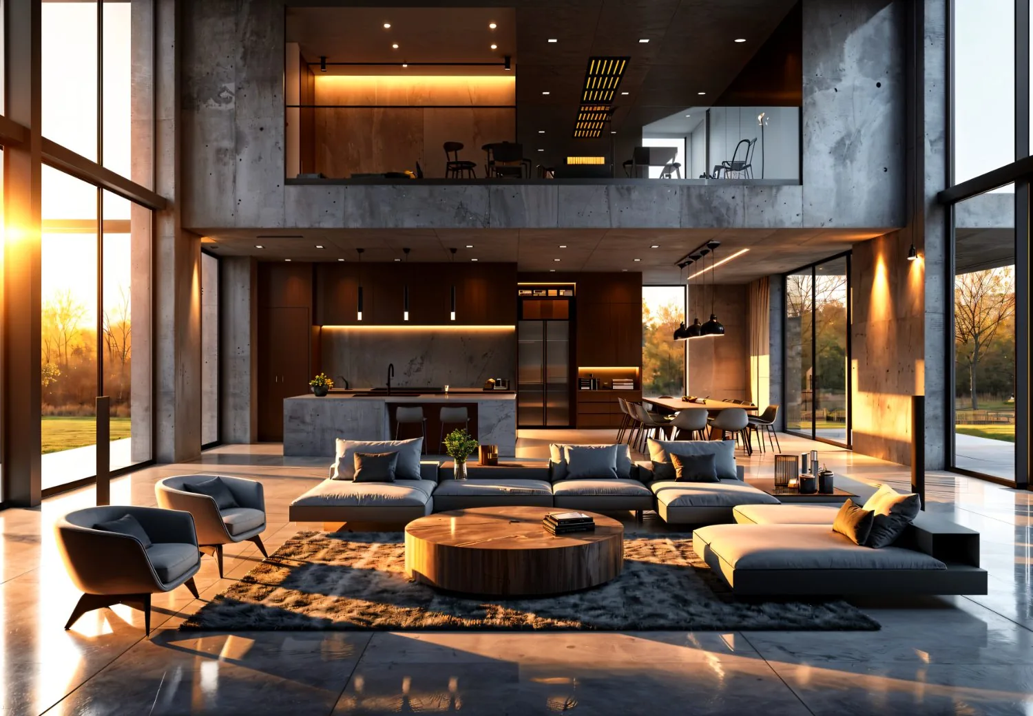 Modern barndominium kitchen with luxurious finishes and large windows