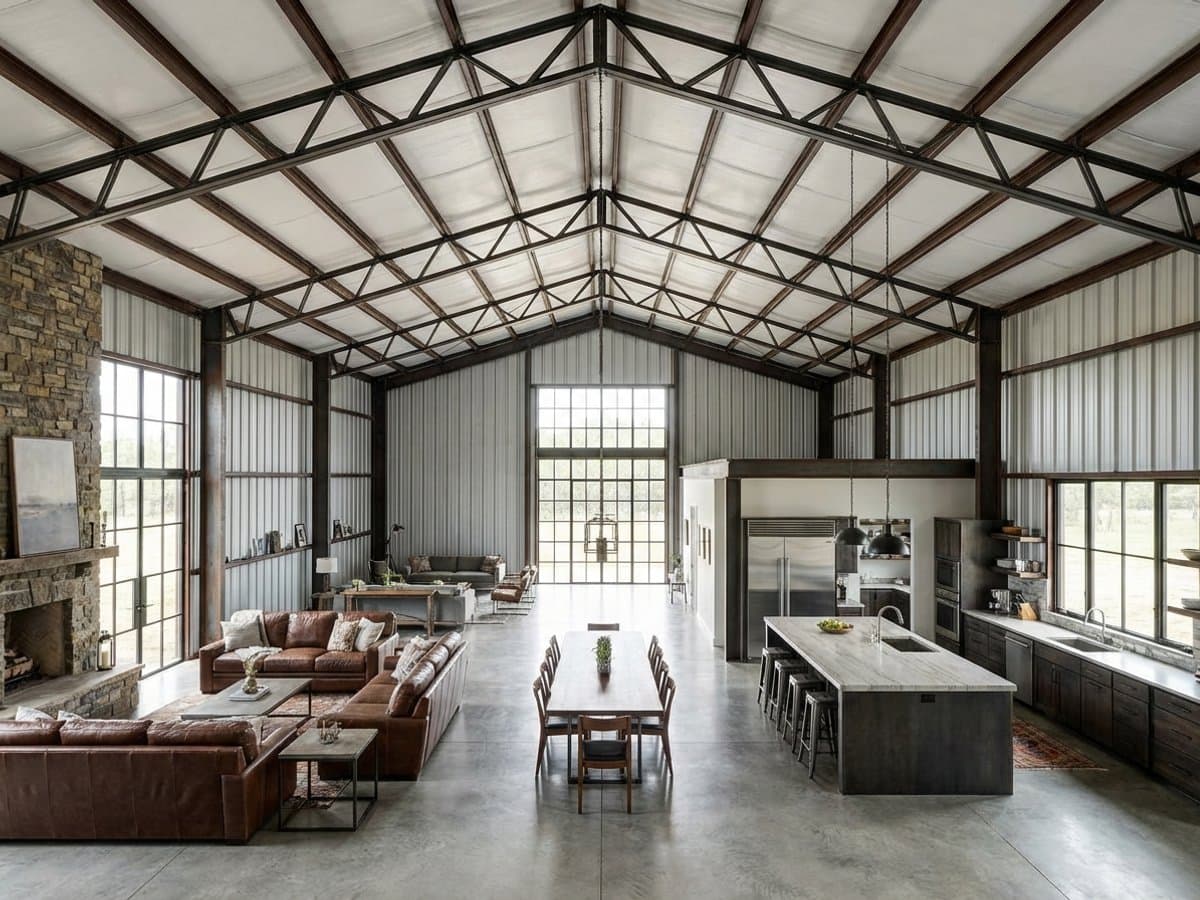 Spacious barndominium interior showing open-span living area with steel trusses