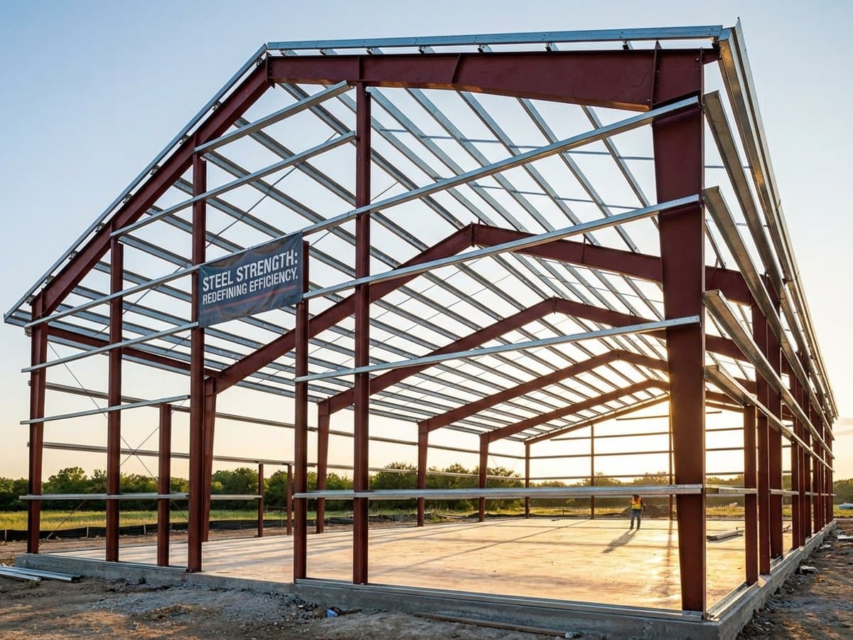 Steel barndominium framing under construction showing I-beam structural integrity