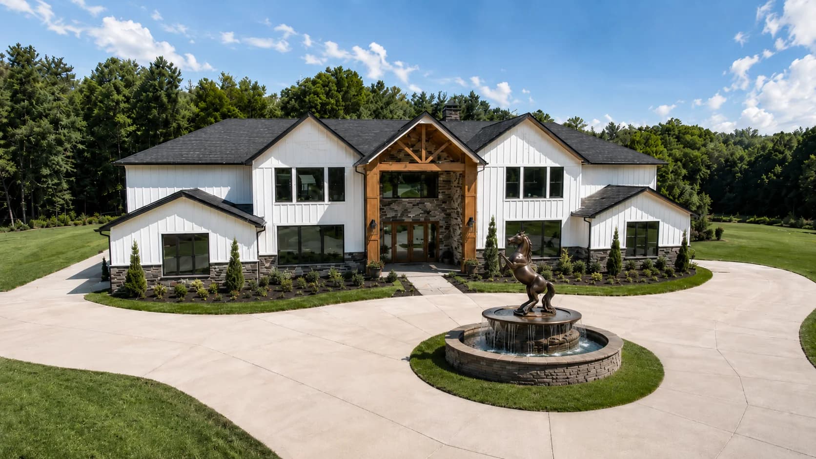 Finished white board-and-batten steel home in North Carolina with a timber and stone entry and a circular drive