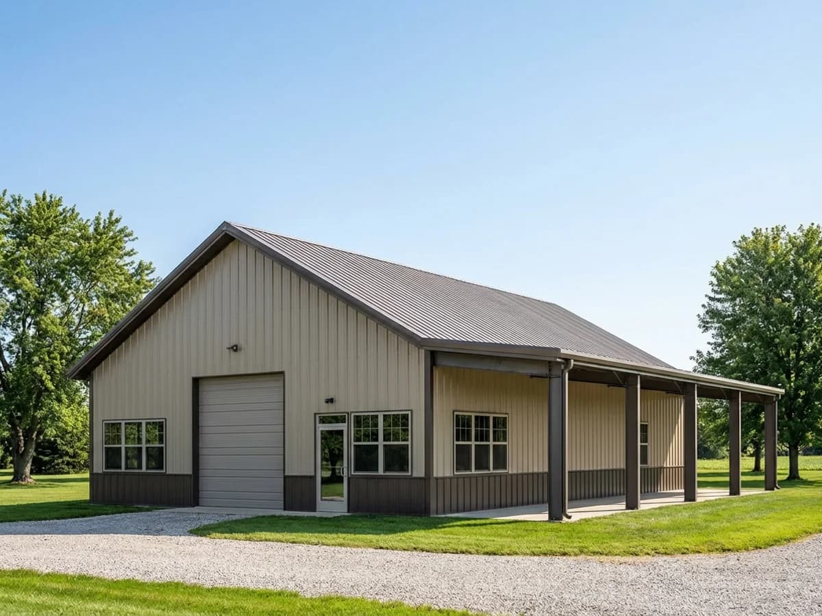 Custom gable building with lean-to, two-tone colors, and multiple door types