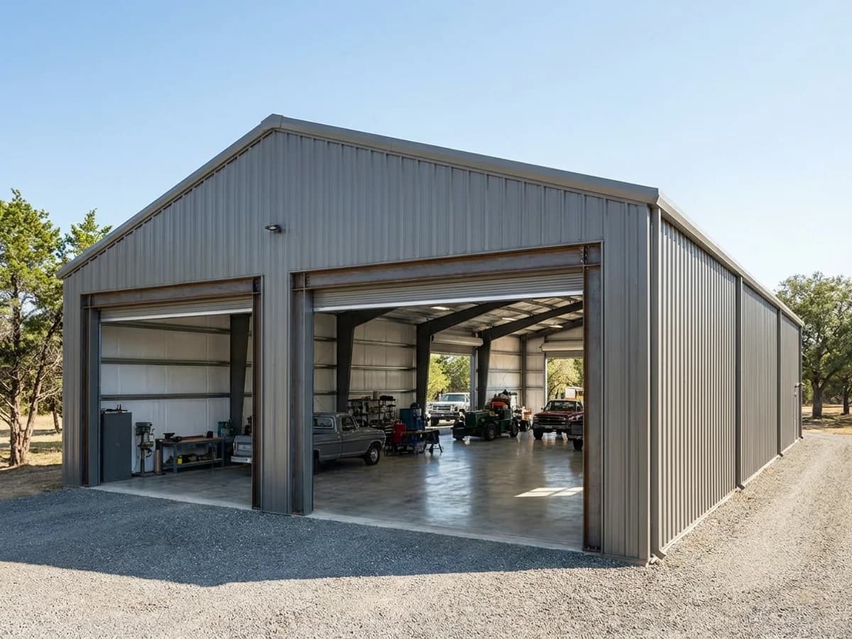 Gable steel building used as a workshop with open roll-up doors