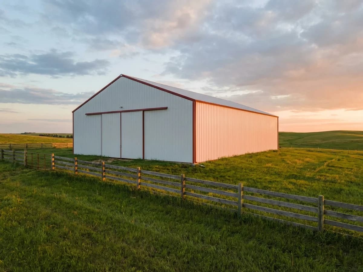White gable agricultural barn in rural setting