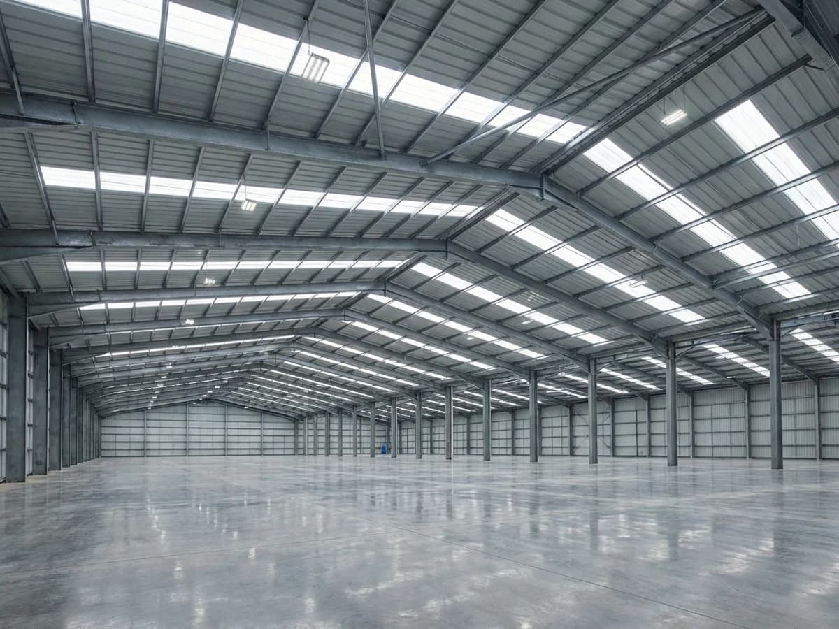 Clear-span gable building interior with steel trusses