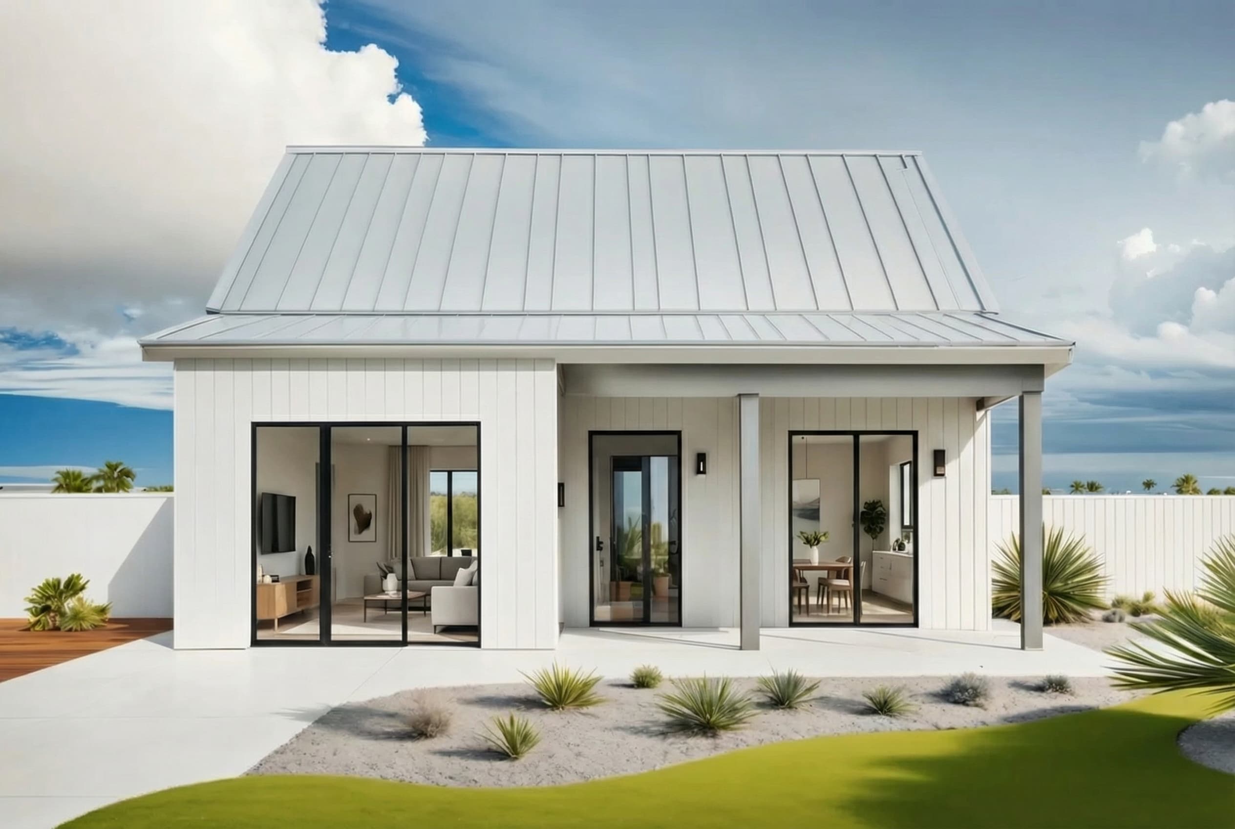 White steel cottage ADU with metal roof and desert landscaping