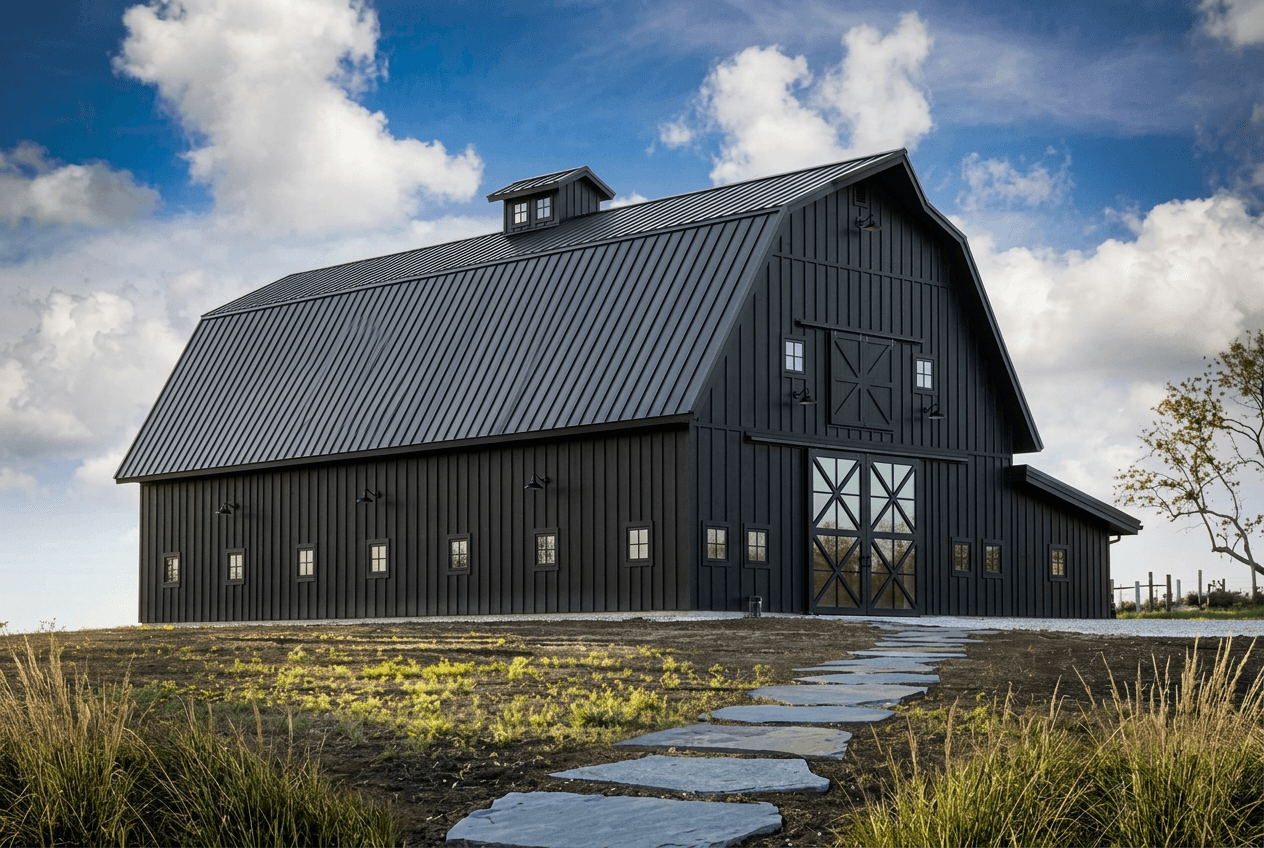 Black steel gambrel barn with cupola and stone pathway