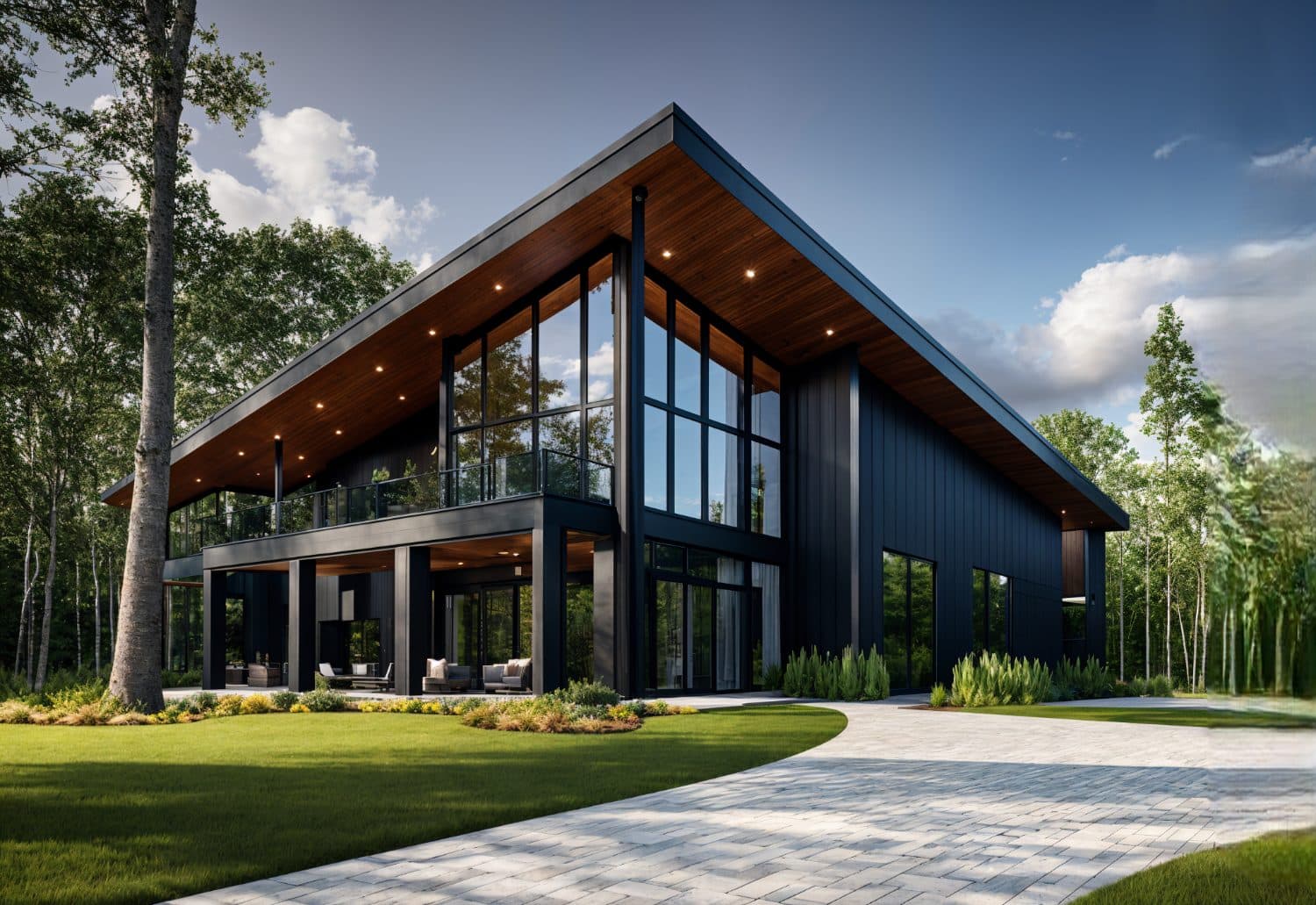 Modern single slope steel building with glass facade and wood accents