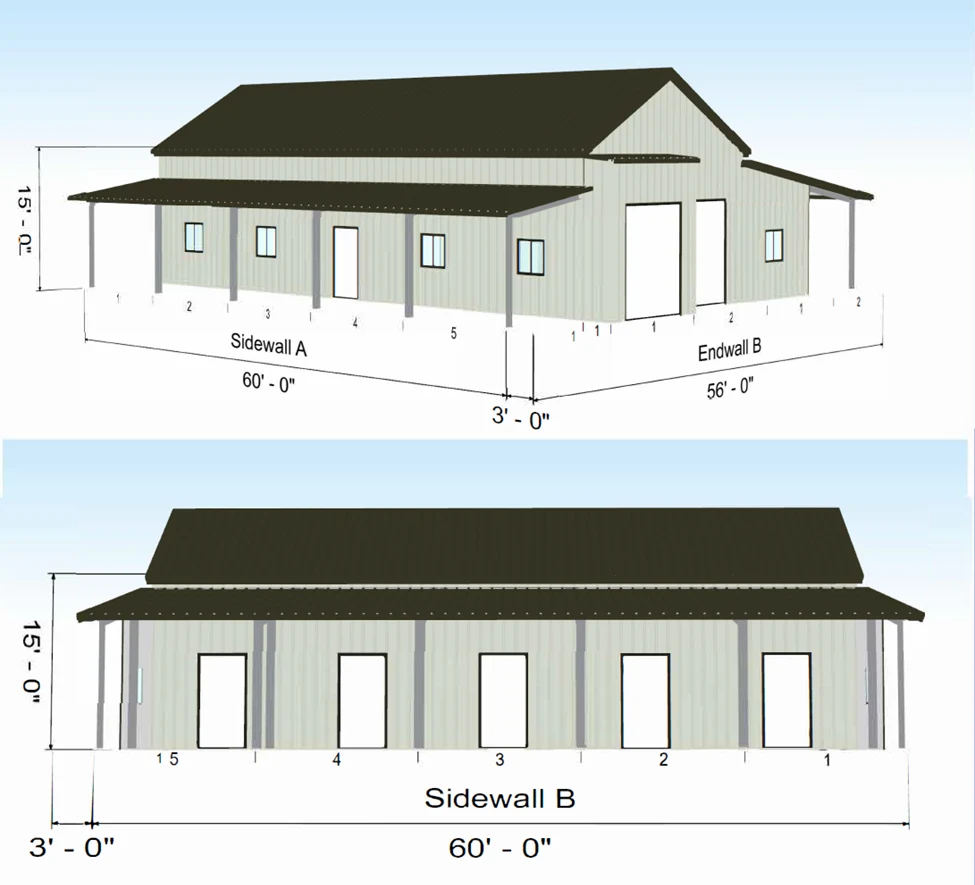 Dimensioned elevation drawings for a 60 by 56 foot agricultural steel building with a 15 foot eave height