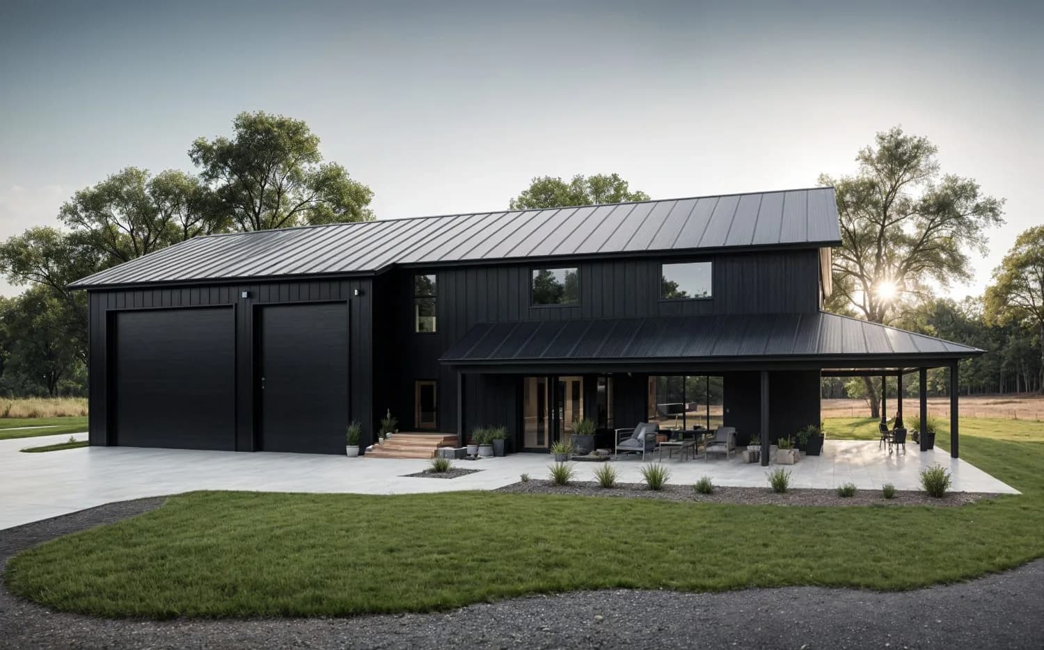 Modern black steel barndominium exterior