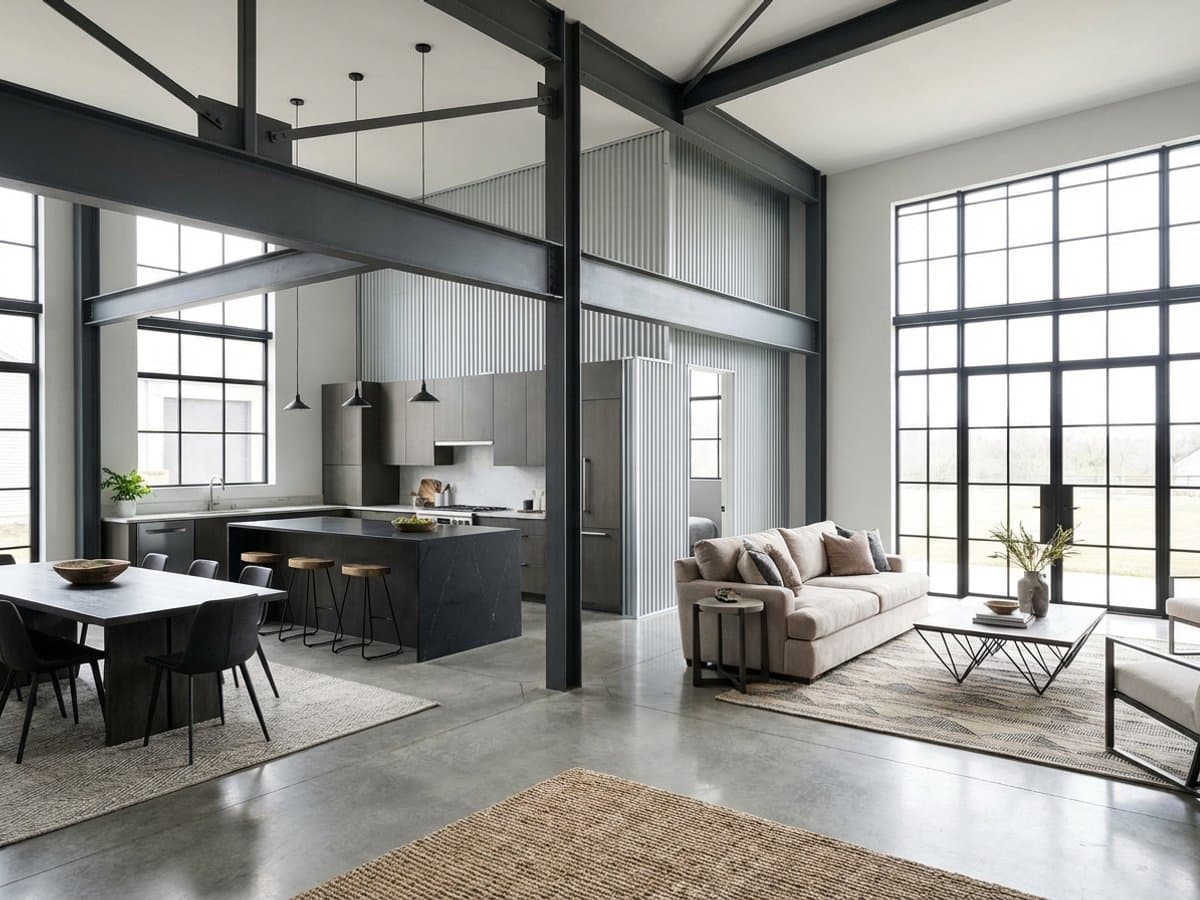 Beautifully finished barndominium interior staged for real estate appeal