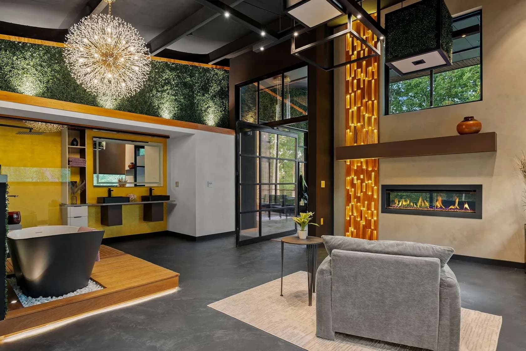 Master bathroom with soaking tub and fireplace