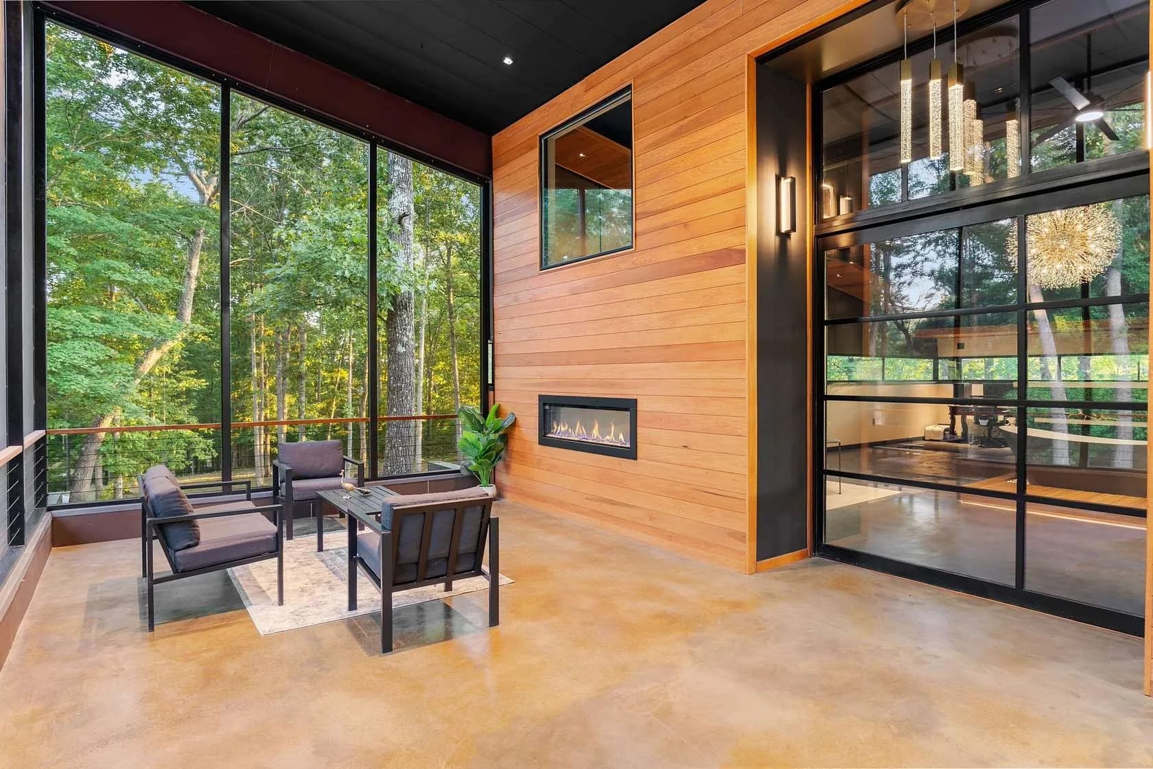 Screened porch with outdoor fireplace
